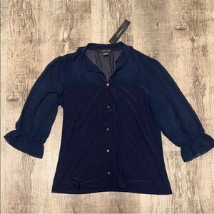Blue Button Down Shirt with Notched Collar and Ruffled Sleeves